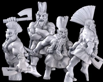 May include: Three grey, detailed miniature figurines of warriors with mohawks, beards, and axes. The figures are posed in a dynamic fighting stance.