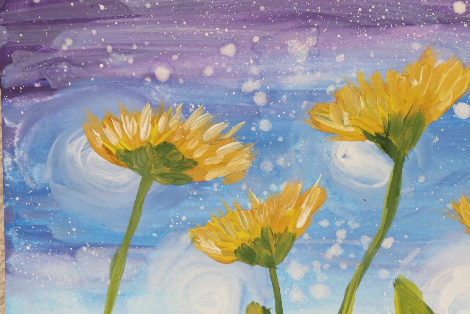 Yellow Flower Painting Dandelion Field at Night with Splatters Etsy