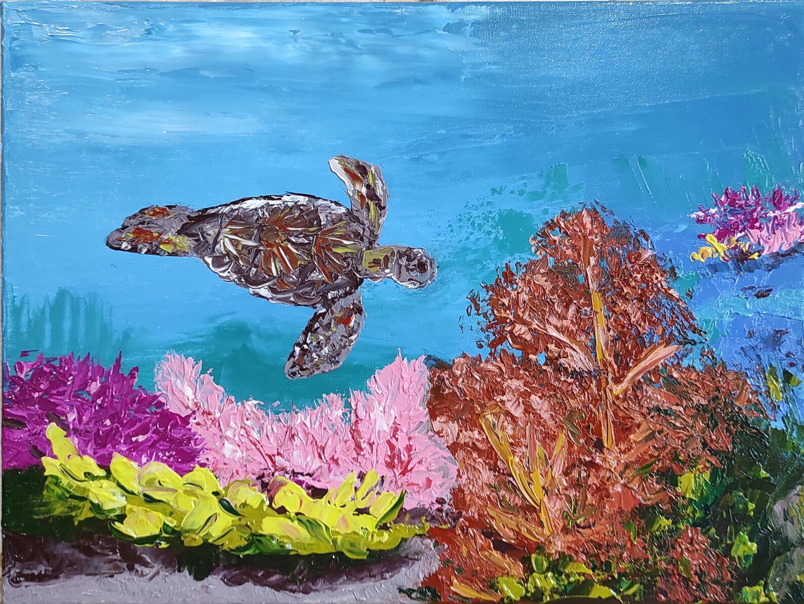 Sea Turtle Painting Underwater Coral Reef Animal Wall Art Etsy