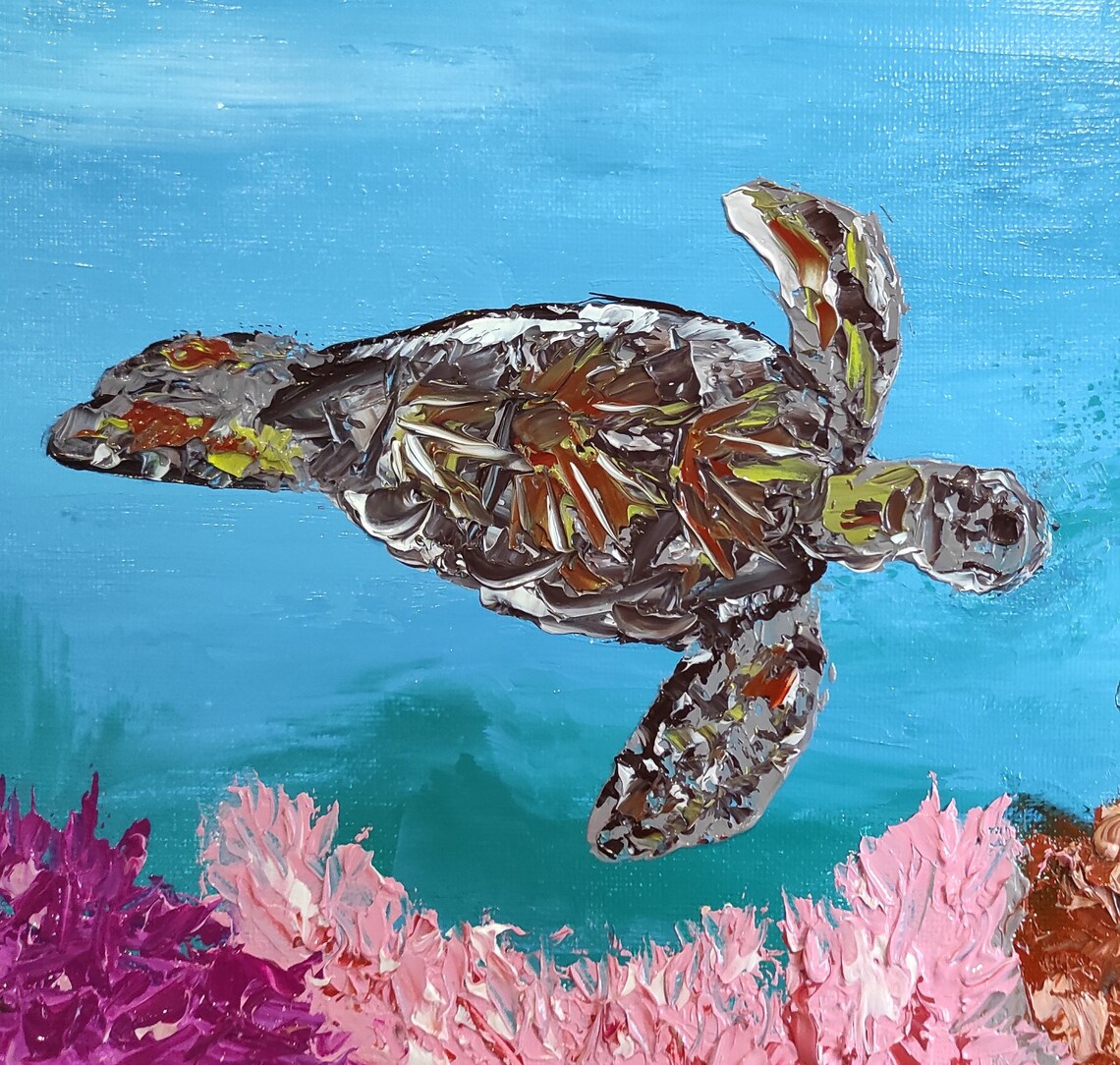 Sea Turtle Painting Underwater Coral Reef Animal Wall Art Etsy