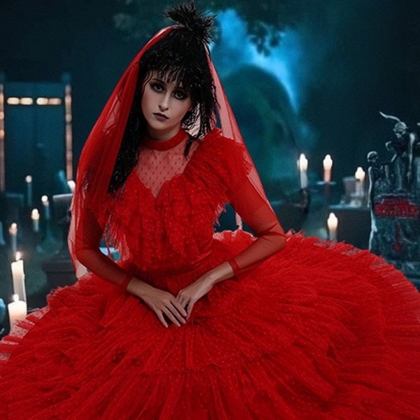 Beetlejuice Lydia Deetz Vestido de novia rojo gótico Disfraz de Beetlejuice de Halloween para mujer