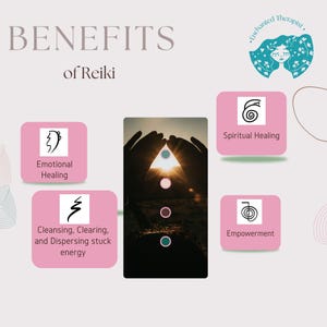 May include: A pink and white graphic with the text "BENEFITS of Reiki" and symbols representing emotional healing, cleansing, spiritual healing, and empowerment.