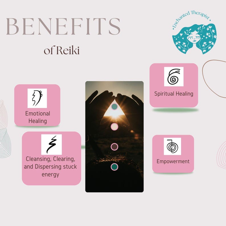 May include: A pink and white graphic with the text "BENEFITS of Reiki" and symbols representing emotional healing, cleansing, spiritual healing, and empowerment.