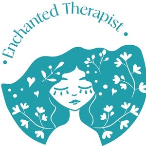 May include: A teal blue illustration of a woman with her eyes closed and hair flowing around her. The hair is decorated with floral and heart designs. The text "Enchanted Therapist." is written in a curved arc above the woman's head.