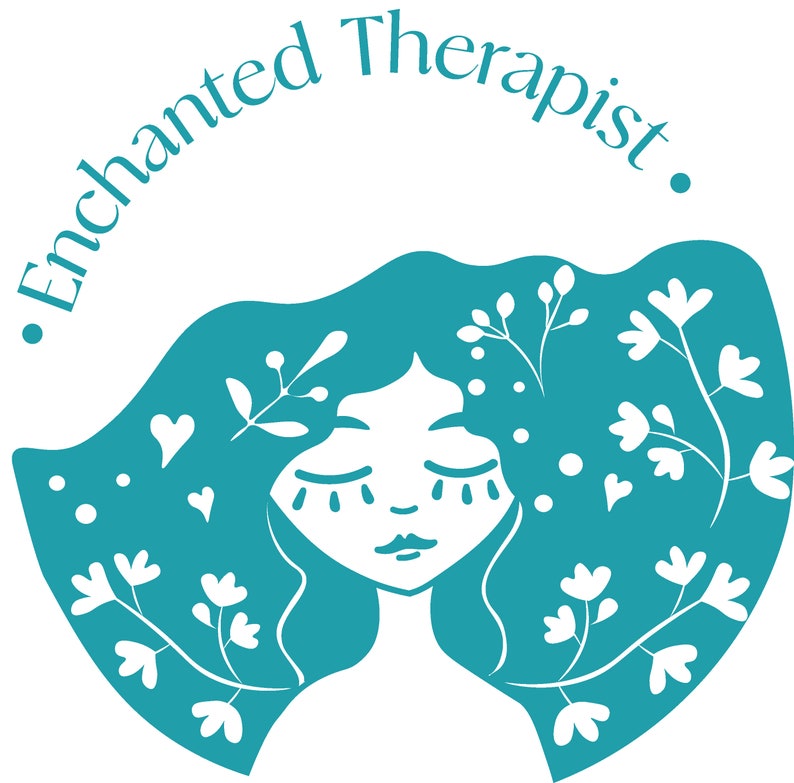 May include: A teal blue illustration of a woman with her eyes closed and hair flowing around her. The hair is decorated with floral and heart designs. The text "Enchanted Therapist." is written in a curved arc above the woman's head.