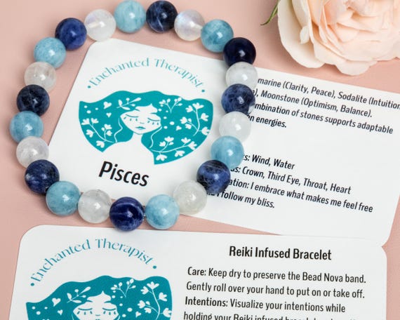 Reiki Infused Pisces Bracelet: Moonstone, Sodalite, Aquamarine Crystal Healing