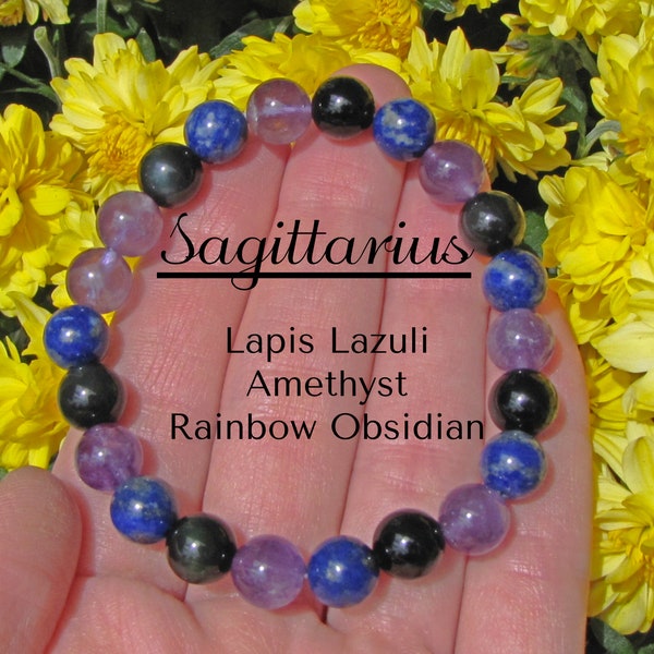 Reiki Infused Sagittarius Healing Bracelet, Rainbow Obsidian, Lapis Lazuli, Amethyst, Sagittarius Jewelry, Sagittarius Zodiac, Reiki Jewelry