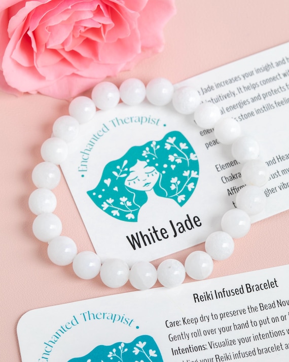 Reiki Infused White Jade Bracelet: Crown Chakra, Boho Healing Jewelry