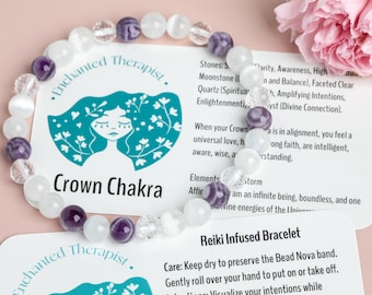 Reiki Infused Crown Chakra Bracelet: Selenite, Moonstone & Amethyst