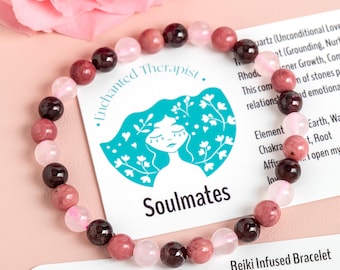 Bracelet en cristal pour âmes sœurs : rhodonite, quartz rose et grenat - Infusion de reiki