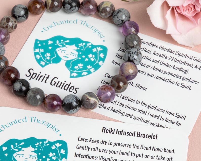 Reiki Infused Spirit Guides Bracelet: Auralite-23, Snowflake Obsidian, Asteroid Jasper image 1