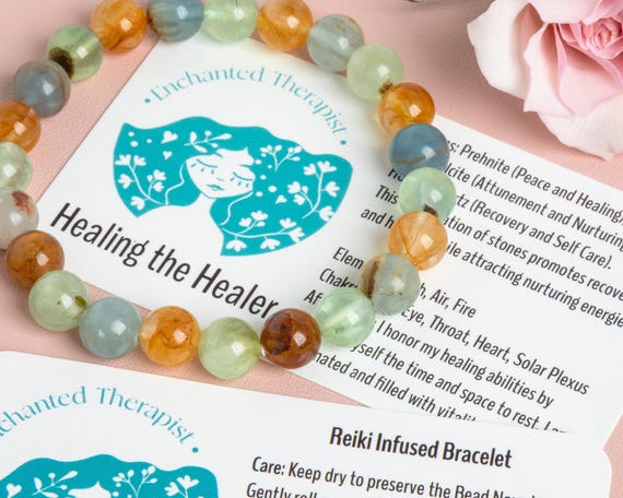 Reiki Infused Prehnite Bracelet: Golden Healer Quartz, Lemurian Blue Calcite