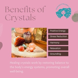 May include: A close-up image of various crystals on a wooden surface. The crystals are pink, red, green, and purple. The image includes the text "Benefits of Crystals" and a list of benefits including "Positive Energy", "Stress Reduction", "Harmony", "Relaxation", and "Grounding".