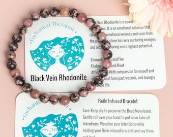 Reiki Infused Rhodonite Bracelet: Black Vein Crystal Healing, Heart Chakra