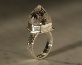 Hayley Big Herkimer diamond ring size M 6 52, sterling silver raw stone jewelry, textured healing crystal ring,rough crystal quartz ring