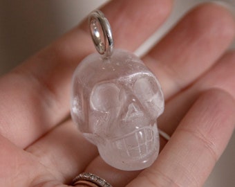 Frankie Big clear quartz skull pendant necklace, long skull necklace sterling silver,statement necklace jewelry,halloween accessories,gothic