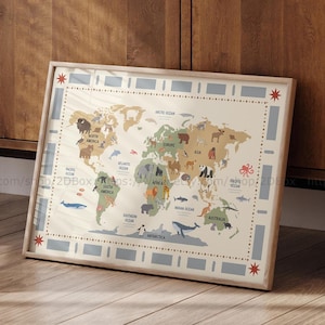 May include: A framed world map print featuring a cream-colored background with continents in muted green and tan. The map displays various animal illustrations across the globe, labeled oceans, and a decorative border with blue rectangles and red stars.