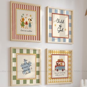 May include: Four framed art prints with children's illustrations. The prints feature a red and white striped frame, a blue and white checkered frame, a green and white checkered frame, and a yellow diamond pattern frame. Each print has a different image and text.