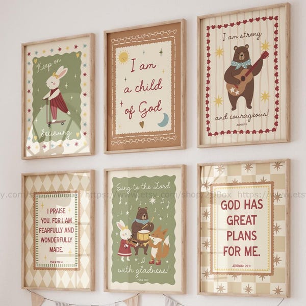 Woodland Nursery Decor with Bible Verse Quotes for Childrens Bedroom Forest Animals Nursery Decor Neutral Christian Printable for Kids Room