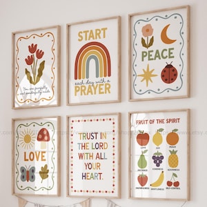 Christian Classroom Wall Art Bible Verse Posters & Fruit of the Spirit Chart Colorful Scripture Prints Kids Ministry Preschool Sunday School