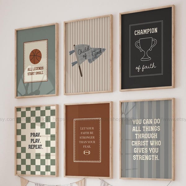 Vintage Sports Bible Verse Wall Art Set Christian Playroom Decor for Kids Neutral Boys Room Prints Faith Football Posters for Childrens Room