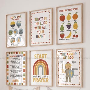 Christliche Kinder Kunstbildung Poster Bibel Wandkunst Set Buntes Vaterunser Frucht des Geistes & Rüstung Gottes Vorschule Spielzimmer Dekor