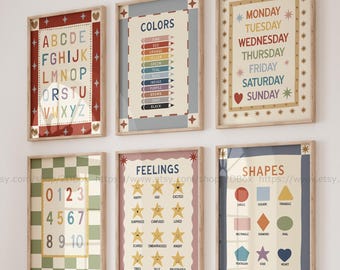 Colorful Kids Playroom Wall Art Set of 6 ABC Alphabet Poster Boho Kids Room Decor Montessori Educational Posters Toddler Learning Prints
