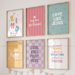 Christian Playroom Wall Art Set Cute Kids Bible Quotes Affirmations Girls Room Decor Love Like Jesus Be Kind Girls Scripture Pastel Art