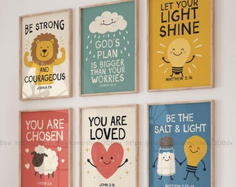 Colorful Christian Art for Kids Room Christian Nursery Wall Art Kids Bible Verse Posters Set of 6 Sunday School Wall Art