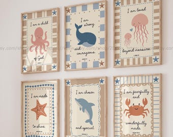 Christelijke kinderkamer muurkunst decor kerk kinderkamer kinderbijbelvers kunst zeedieren babykamer decor onder de zee christelijke kinderkunst aan de muur