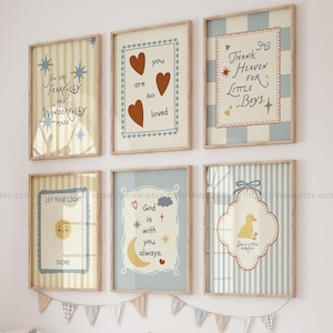 Whimsy Blue & Yellow Bible Verse Gallery Wall Cute Christian Nursery Decor Boys Play Room Scripture Print Set Modern Christian Kids Room