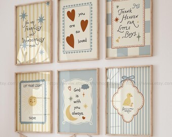 Whimsy Blue & Yellow Bible Verse Gallery Wall Cute Christian Nursery Decor Boys Play Room Scripture Print Set Modern Christian Kids Room