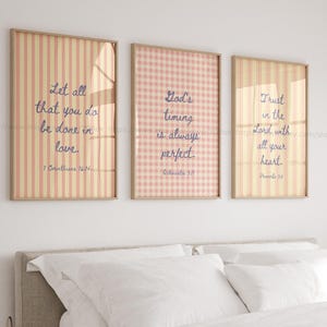 Coquette Bible Verse Wall Art Set of 3 Chic Girly Christian Prints Pink Striped & Gingham Modern Faith Decor Scripture Posters for Girls