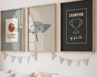 May include: Three framed prints with motivational quotes and illustrations. One shows a basketball and the text "ALL LEGENDS START SMALL." Another features a flag with "Child of God." The third displays a trophy and "CHAMPION of faith."
