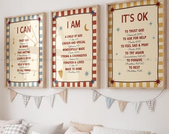 Christian Kids Wall Art Set of 3 Bible Verse Affirmations for Children Modern Toddler Room Decor Faith Based Kids PlayRoom Prints