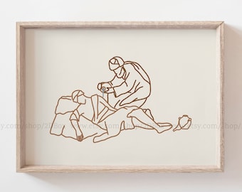 Puede incluir: Un dibujo de línea de dos personas en marrón, una arrodillada y sosteniendo un objeto pequeño, la otra acostada. El dibujo está sobre un fondo blanco.
