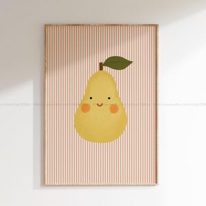 Cute Pear Wall Art Printable Fruit Kitchen Art Kids Room Decor Cottagecore Printable Kawaii Fruit Print Whimsy Playroom Fruit Themed Art