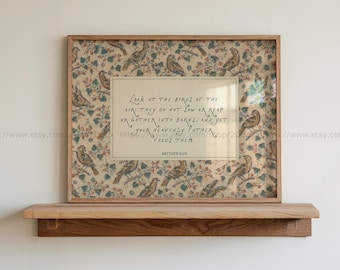 Matthew 6:26 Vintage Christian Art Look at the Birds Printable Bible Verse Wall Art (Horizontal)