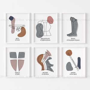 May include: Set of six printable wall art prints featuring line art illustrations of armor pieces with corresponding biblical verses. The illustrations are in shades of gray, brown, and pink. The text is in black.