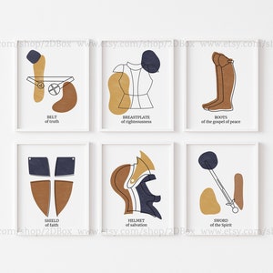 May include: Set of six printable wall art prints featuring line art illustrations of armour pieces with corresponding biblical verses. The illustrations are in shades of brown, gold, and blue. The text includes "Belt of truth", "Breastplate of righteousness", "Boots of the gospel of peace", "Shield of faith", "Helmet of salvation", and "Sword of the Spirit".