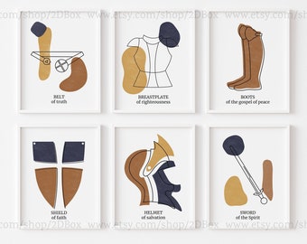 Armor of God, Minimalist Abstract Christian Wall Set, Simple Modern Christian Art, Yellow Blue Christian Decor, Sunday School Room Prints