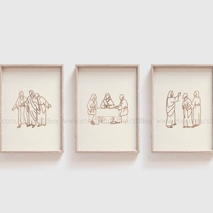 Cristo aparece en el camino a Emaús, historia bíblica de Lucas 24, la cena de Emaús, arte cristiano minimalista, arte lineal de Jesús, evangelio imprimible