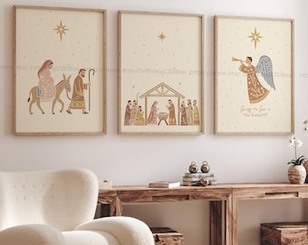 Boho Nativity Scene 3 Piece Christian Wall Art Gold Christmas Wall Art Holy Family Art Mary Joseph Angel Jesus Birth Wall Art