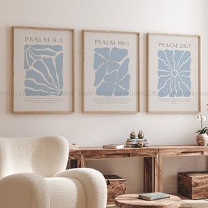 Psalms Collection, Set of 3 Pastel Blue Christian Prints, Pastel Blue Christian Posters, Modern Christian Decor, Christian Flower Prints