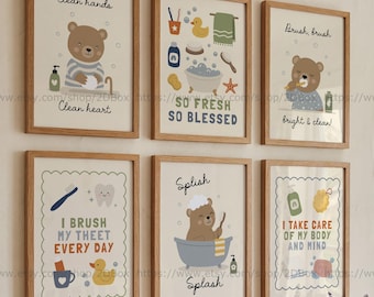 Cute Bear Bathroom Decor Toddler Bathroom Art Teddy Bear Wall Art Bear Poster Kids Bathroom Learning Posters Kids Christian Art Set of 6