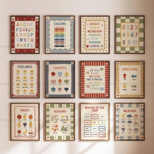May include: A collection of framed educational posters for children. The posters cover topics such as the alphabet, colors, days of the week, numbers, feelings, shapes, and fruits. Each poster has a decorative border and is designed with a vintage aesthetic.
