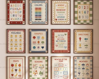 Toddler Learning Posters Set Montessori Poster Homeschool Decor Preschool Classroom Decor Colorful ABC Numbers Colors Days Months Weather