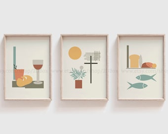 Christian Kitchen Decor Set of 3 prints, Minimalist Midcentury Christian Decor, Boho Dining Room Decor, 2 fish 5 loaves Art, Lords Supper