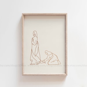 Cristo sana a una mujer enferma / Tocando el borde del manto de Jesús / Arte lineal cristiano bohemio / Impresión cristiana terrosa / Arte religioso neutro