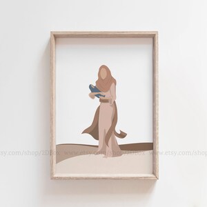 May include: A digital illustration of a person wearing a brown headscarf and a long brown dress holding a blue object. The person is standing on a light brown surface.